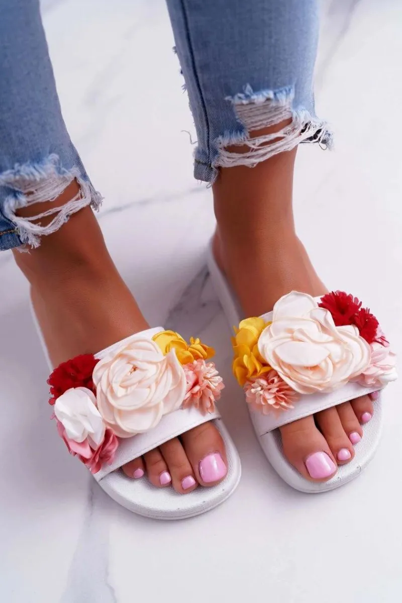 Best Boto Damskie Klapki Z Kwiatem Białe Della