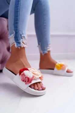 Best Boto Damskie Klapki Z Kwiatem Białe Della