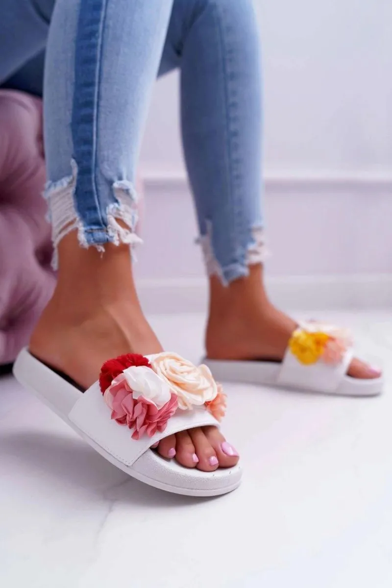 Best Boto Damskie Klapki Z Kwiatem Białe Della