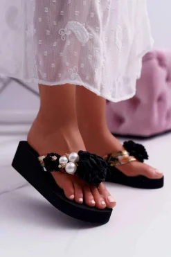 Klapki Na Koturnie|Klapki Na Obcasie>Boto Damskie Klapki Z Kwiatem Japonki Na Koturnie Czarne Sharme