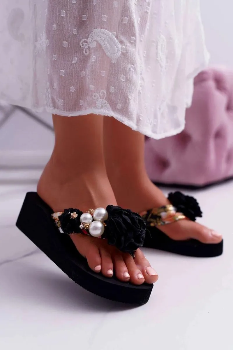 Klapki Na Koturnie|Klapki Na Obcasie>Boto Damskie Klapki Z Kwiatem Japonki Na Koturnie Czarne Sharme