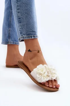 Hot Boto Damskie Klapki Z Kwiatkami Białe Eelfan