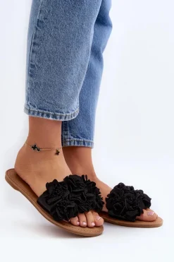 Klapki Damskie Klasyczne>Boto Damskie Klapki Z Kwiatkami Czarne Eelfan