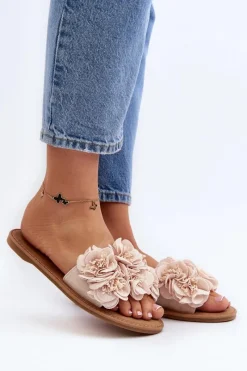 Sale Boto Damskie Klapki Z Kwiatkami Beżowe Eelfan