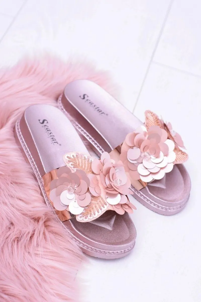 Damskie Klapki z Kwiatowym Wzorem Różowe Złoto Muah Damskie Klapki Sportowe|Klapki Damskie Klasyczne