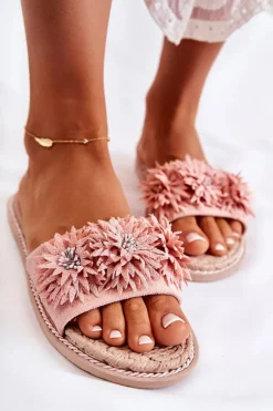 New Boto Damskie Klapki Z Materiałowymi Kwiatami Różowe Susana