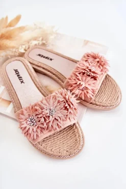 New Boto Damskie Klapki Z Materiałowymi Kwiatami Różowe Susana