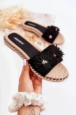 Best Boto Damskie Klapki Z Materiałowymi Kwiatami Czarne Susana