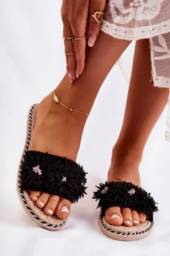 Best Boto Damskie Klapki Z Materiałowymi Kwiatami Czarne Susana