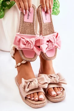 Online Damskie Klapki Z Materiałową Kokardą Różowe Ginna Damskie Klapki Damskie Klasyczne