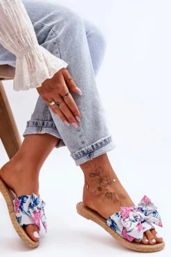 New Damskie Klapki Z Materiałową Kokardą Białe Blossom Damskie Klapki Damskie Klasyczne