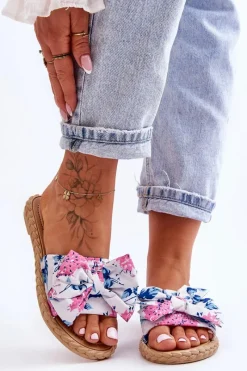 New Damskie Klapki Z Materiałową Kokardą Białe Blossom Damskie Klapki Damskie Klasyczne