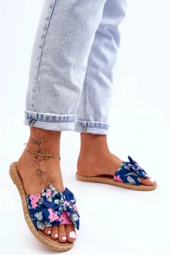 Klapki Damskie Klasyczne>Boto Damskie Klapki Z Materiałową Kokardą Granatowe Blossom