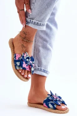 Klapki Damskie Klasyczne>Boto Damskie Klapki Z Materiałową Kokardą Granatowe Blossom