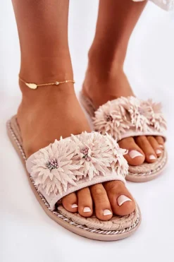 Sale Damskie Klapki Z Materiałowymi Kwiatami Beżowe Susana Damskie Klapki Damskie Klasyczne