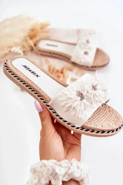 Klapki Damskie Klasyczne>Boto Damskie Klapki Z Materiałowymi Kwiatami Białe Susana