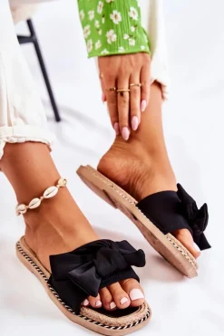 Klapki Damskie Klasyczne>Boto Damskie Klapki Z Materiałową Kokardą Czarne Ginna