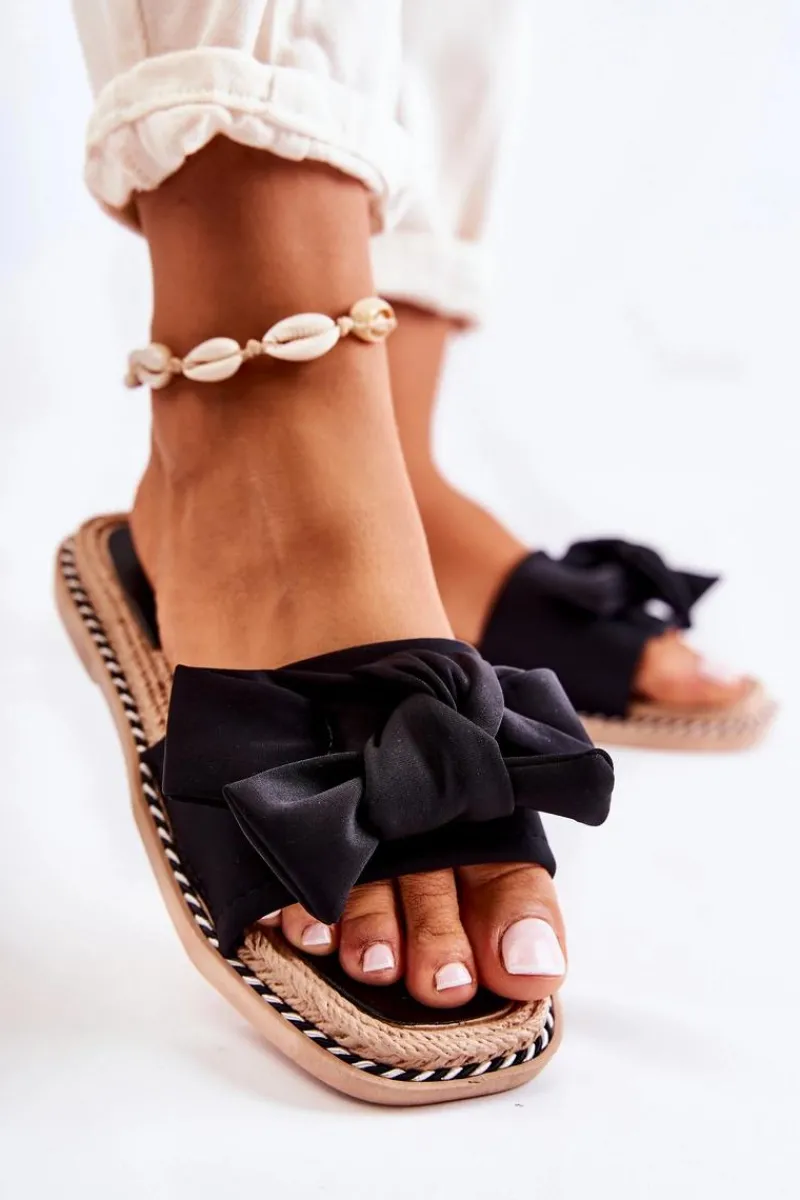 Klapki Damskie Klasyczne>Boto Damskie Klapki Z Materiałową Kokardą Czarne Ginna