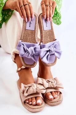 Best Damskie Klapki Z Materiałową Kokardą Fioletowe Ginna Damskie Klapki Damskie Klasyczne