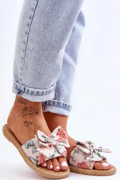 Klapki Damskie Klasyczne>Boto Damskie Klapki Z Materiałową Kokardą Beżowe Blossom