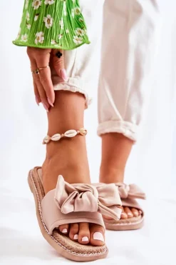 Outlet Boto Damskie Klapki Z Materiałową Kokardą Beżowe Ginna