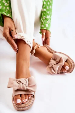 Outlet Boto Damskie Klapki Z Materiałową Kokardą Beżowe Ginna