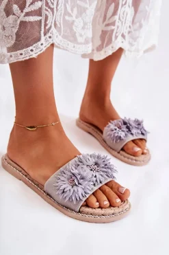 Klapki Damskie Klasyczne>Boto Damskie Klapki Z Materiałowymi Kwiatami Szare Susana