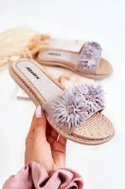 Klapki Damskie Klasyczne>Boto Damskie Klapki Z Materiałowymi Kwiatami Szare Susana