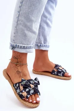 New Boto Damskie Klapki Z Materiałową Kokardą Czarne Blossom