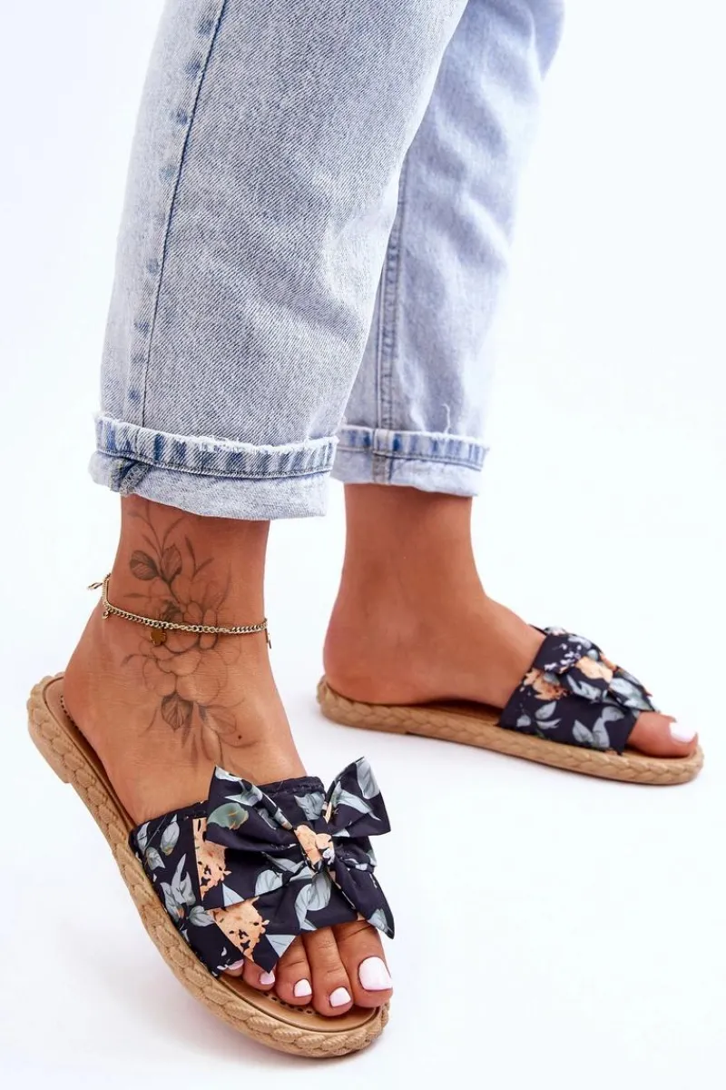 New Boto Damskie Klapki Z Materiałową Kokardą Czarne Blossom