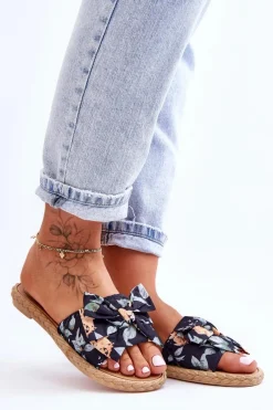 New Boto Damskie Klapki Z Materiałową Kokardą Czarne Blossom