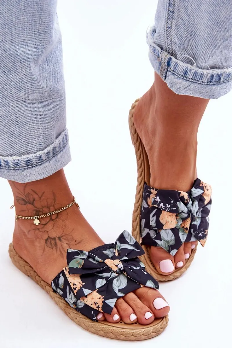 New Boto Damskie Klapki Z Materiałową Kokardą Czarne Blossom