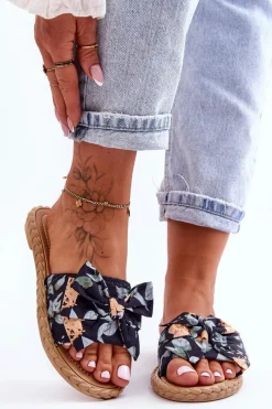 New Boto Damskie Klapki Z Materiałową Kokardą Czarne Blossom