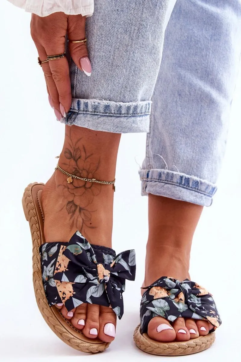 New Boto Damskie Klapki Z Materiałową Kokardą Czarne Blossom