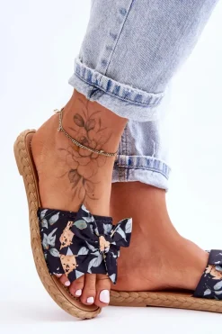 New Boto Damskie Klapki Z Materiałową Kokardą Czarne Blossom