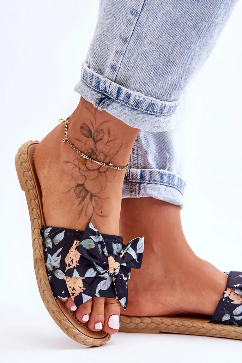 New Boto Damskie Klapki Z Materiałową Kokardą Czarne Blossom