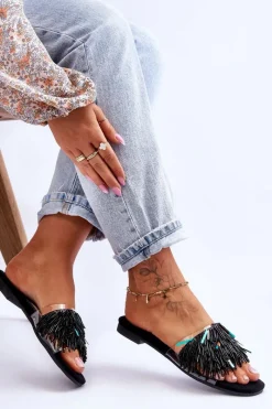 Damskie Klapki Z Modnymi Ozdobami S.Barski KV-576-4 Czarne Damskie Klapki Damskie Klasyczne