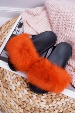 Damskie Klapki z Naturalnym Futerkiem Pomarańczowe Naturis Damskie Klapki Z Futerkiem|Klapki Damskie Klasyczne