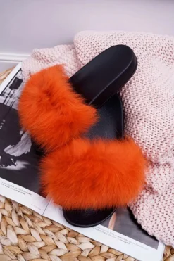 Damskie Klapki z Naturalnym Futerkiem Pomarańczowe Naturis Damskie Klapki Z Futerkiem|Klapki Damskie Klasyczne