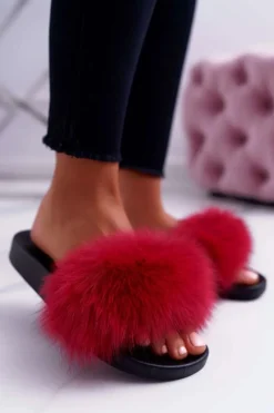 Klapki Z Futerkiem|Klapki Damskie Klasyczne>Boto Damskie Klapki z Naturalnym Futerkiem Czerwone Naturis