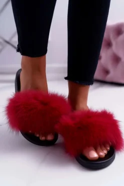 Klapki Z Futerkiem|Klapki Damskie Klasyczne>Boto Damskie Klapki z Naturalnym Futerkiem Czerwone Naturis