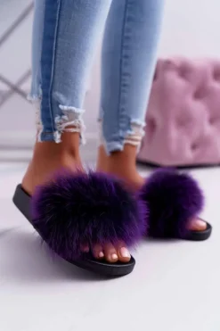 Klapki Z Futerkiem|Klapki Damskie Klasyczne>Boto Damskie Klapki z Naturalnym Futerkiem Fioletowe Naturis