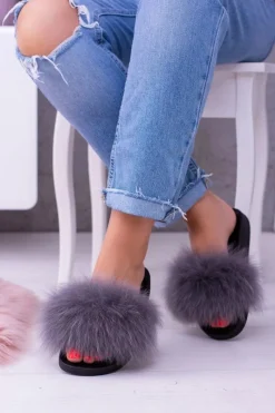 Klapki Z Futerkiem|Klapki Damskie Klasyczne>Boto Damskie Klapki z Naturalnym Futerkiem Szare Naturis