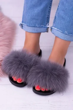 Klapki Z Futerkiem|Klapki Damskie Klasyczne>Boto Damskie Klapki z Naturalnym Futerkiem Szare Naturis