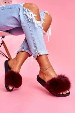 Klapki Z Futerkiem|Klapki Damskie Klasyczne>Boto Damskie Klapki z Naturalnym Futerkiem Ciemno Czerwone Naturis