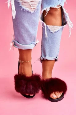 Klapki Z Futerkiem|Klapki Damskie Klasyczne>Boto Damskie Klapki z Naturalnym Futerkiem Ciemno Czerwone Naturis