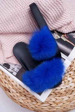 Klapki Z Futerkiem|Klapki Damskie Klasyczne>Boto Damskie Klapki z Naturalnym Futerkiem Szafirowe Naturis