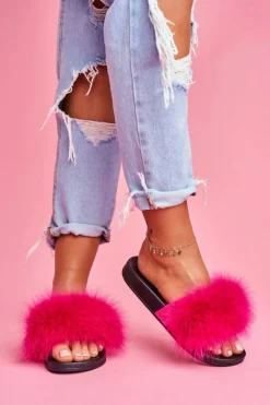 Boto Damskie Klapki z Naturalnym Futerkiem Fuksja Naturis