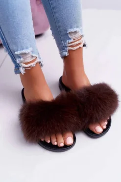 New Boto Damskie Klapki z Naturalnym Futerkiem Coffee Naturis