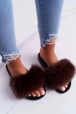 New Boto Damskie Klapki z Naturalnym Futerkiem Coffee Naturis